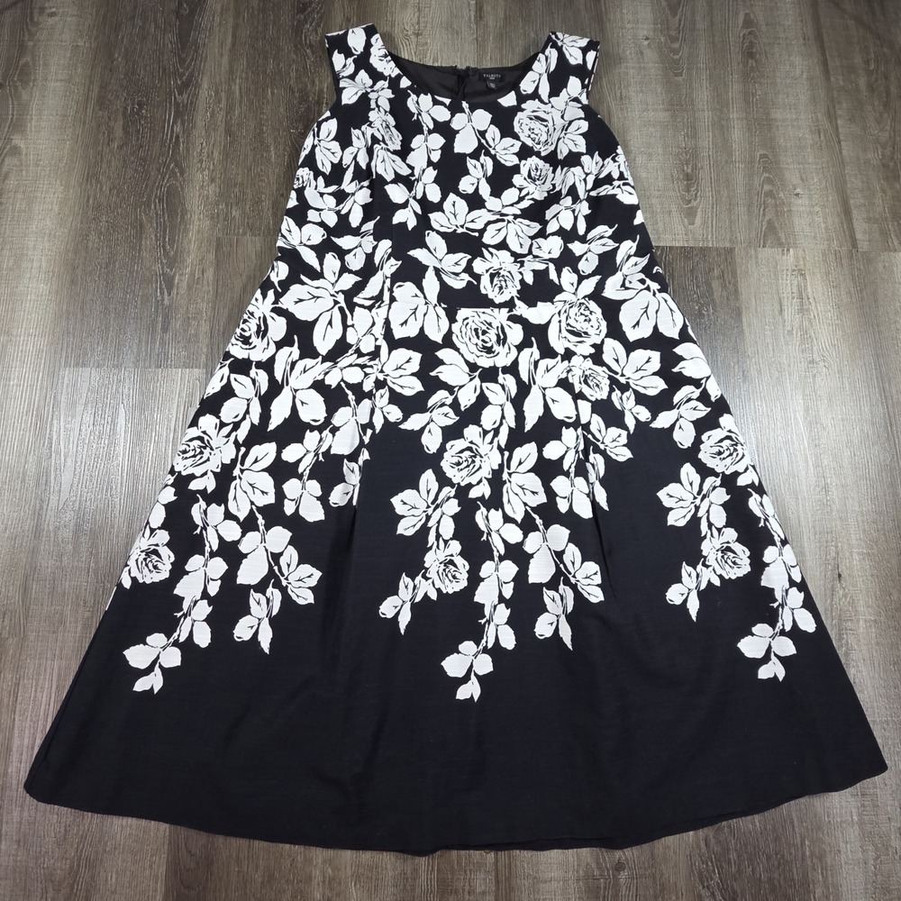 Talbots Black And White Rose Floral Dress Fit & Flare Pockets Size 14W Old Money